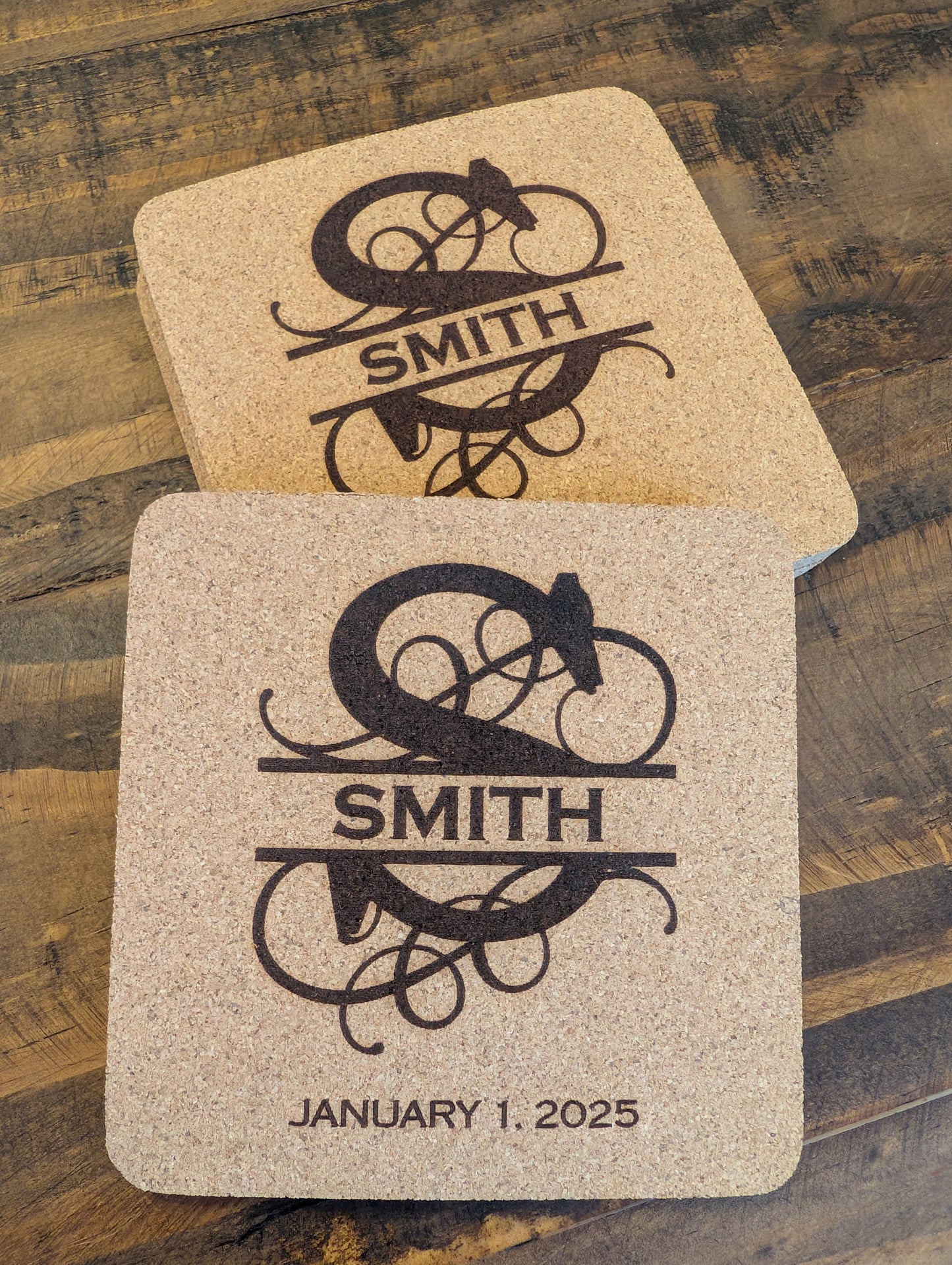 Custom Roman Monogram Square Cork Coasters - 4 Pack