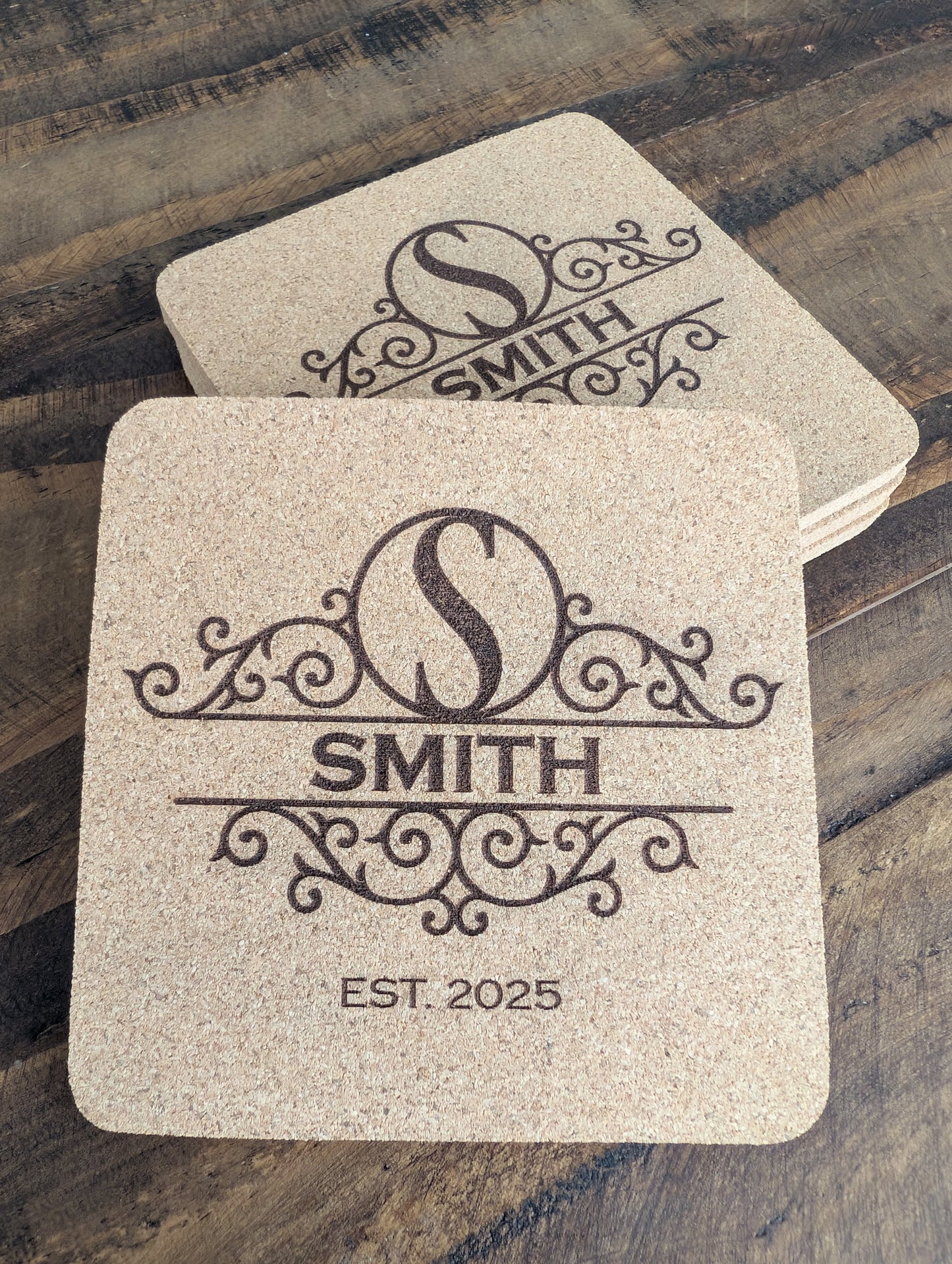 Custom Flourish Monogram Square Cork Coasters - 4 Pack