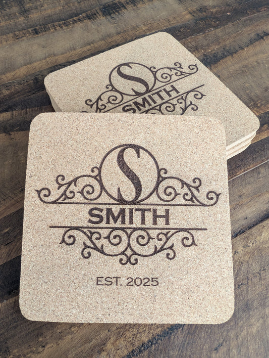 Custom Flourish Monogram Square Cork Coasters - 4 Pack