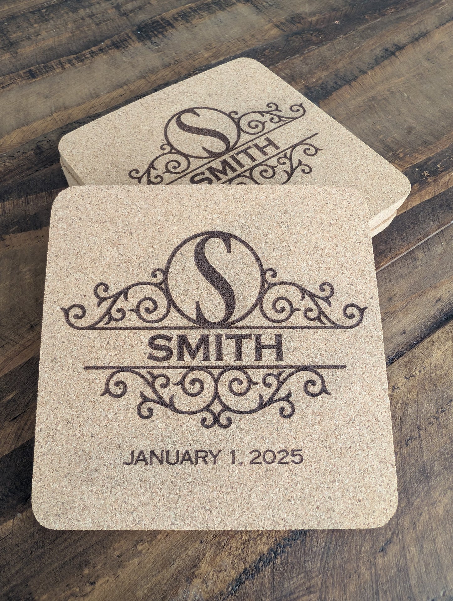 Custom Flourish Monogram Square Cork Coasters - 4 Pack
