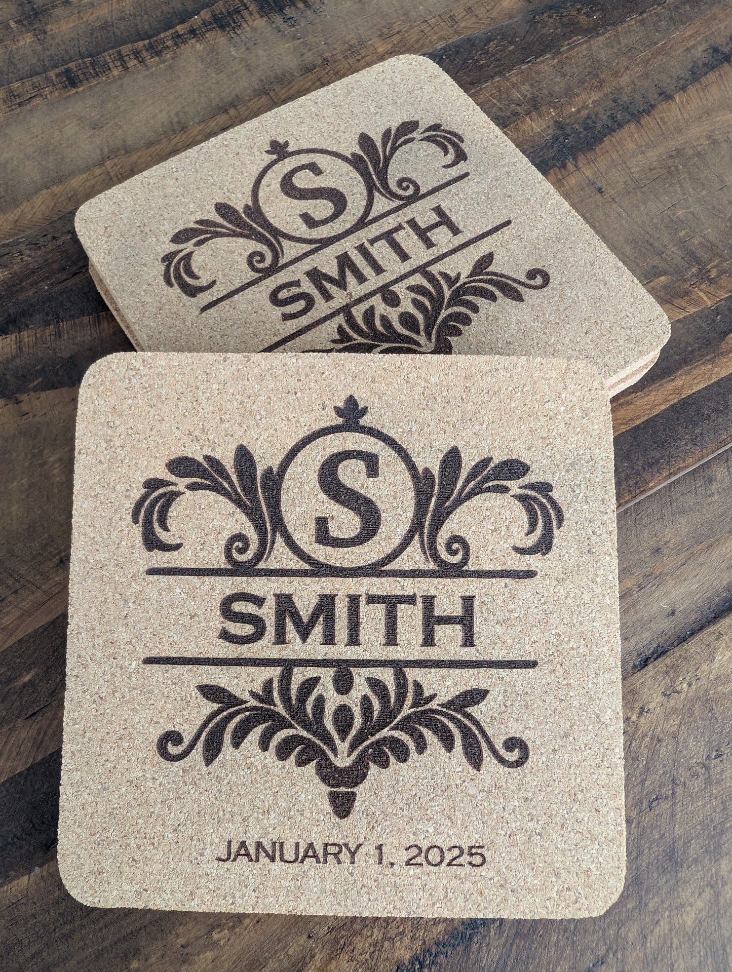 Custom Fancy Monogram Square Cork Coasters - 4 Pack