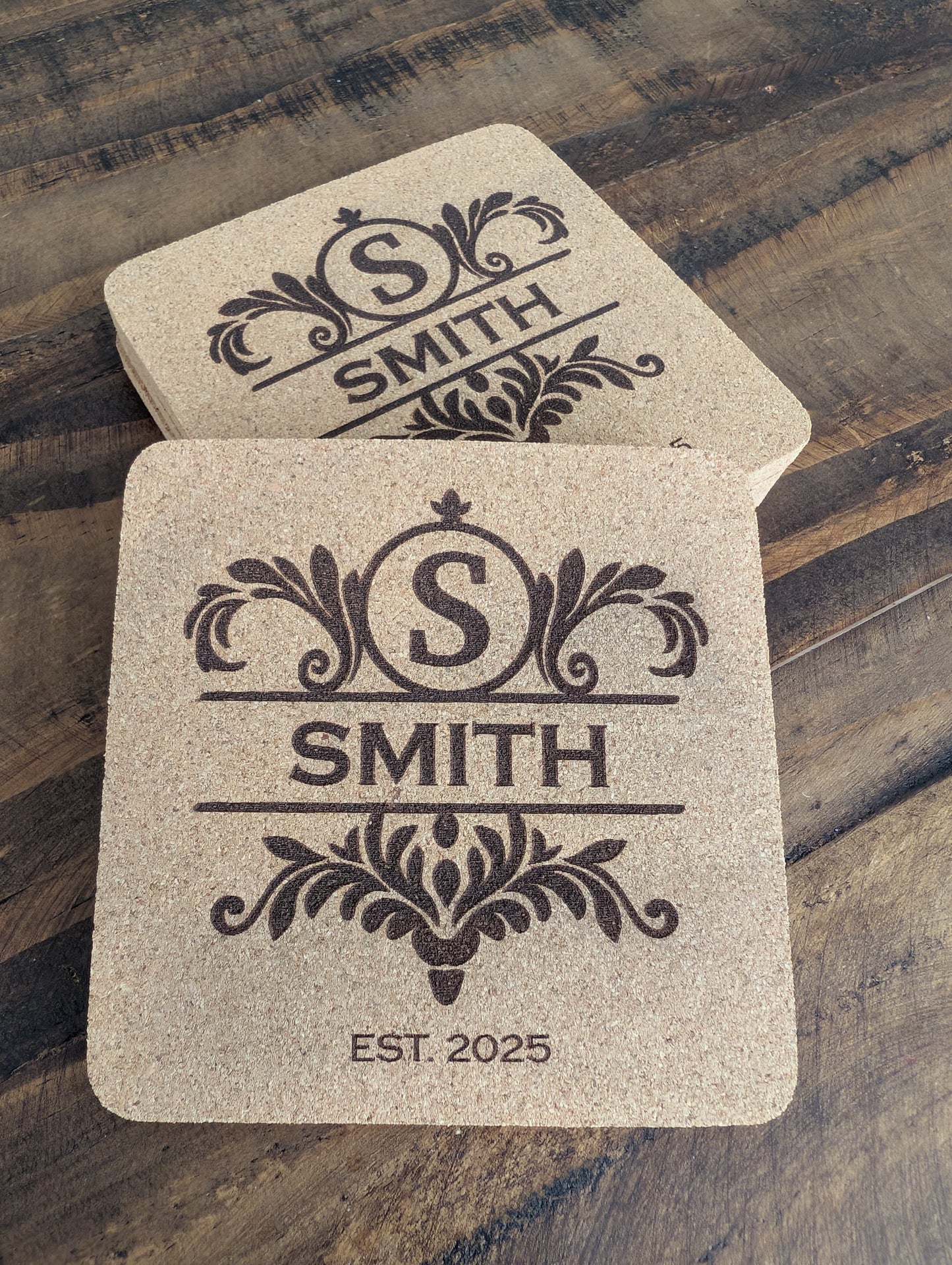 Custom Fancy Monogram Square Cork Coasters - 4 Pack