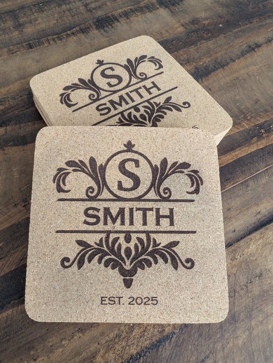 Custom Fancy Monogram Square Cork Coasters - 4 Pack