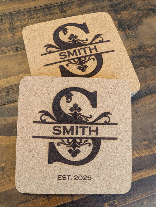 Custom Regal Monogram Square Cork Coasters - 4 Pack