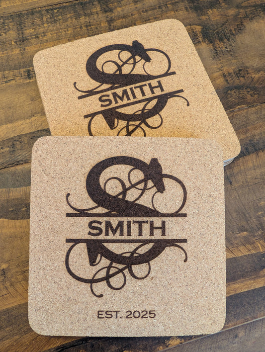 Custom Roman Monogram Square Cork Coasters - 4 Pack